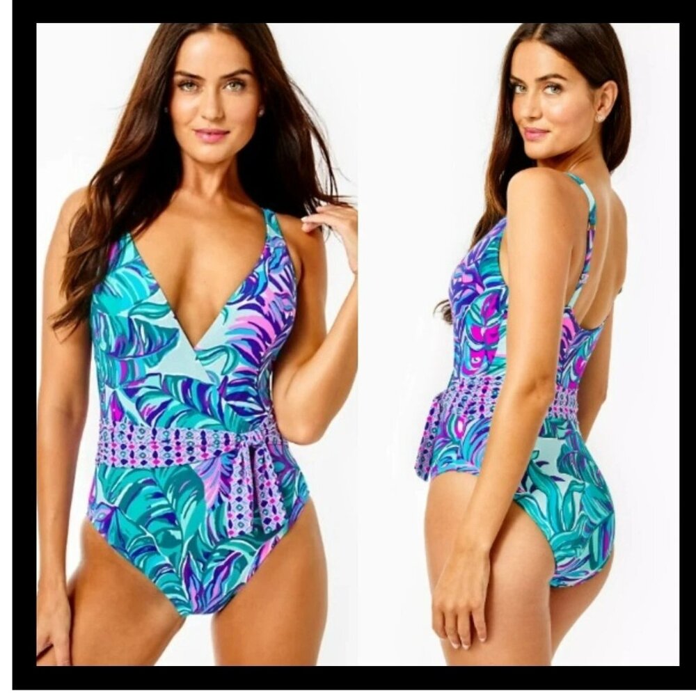 Lilly Pulitzer Emori Seasalt Blue Don’t Wanna Leaf One Piece Swimsuit Size 14